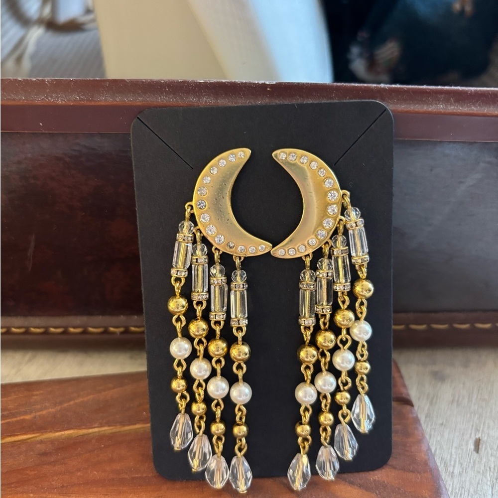 J. Crew Franchi Crescent Moon Gold and Pearl Fringe Earrings
